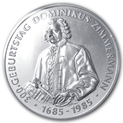Landsberg 300 Geburtstag Dominikus Zimmermann 1685 bis 1985 und Johanniskirche Silbermedaille Rückseite Landsberg 300 Geburtstag Dominikus Zimmermann 1685 bis 1985 und Johanniskirche Silbermedaille Rückseite